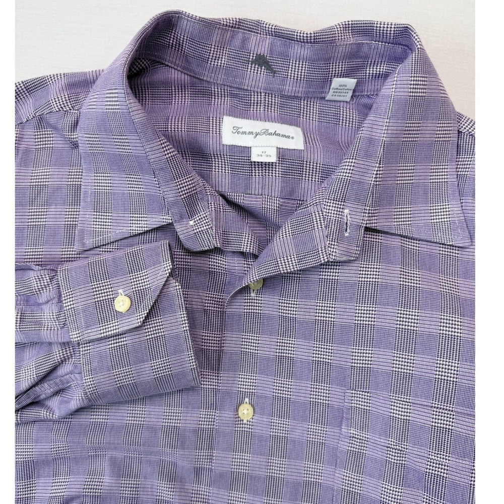 Tommy‎ Bahama Button Down Shirt Mens 17 34-35 Purple Plaid Long Sleeve Cotton